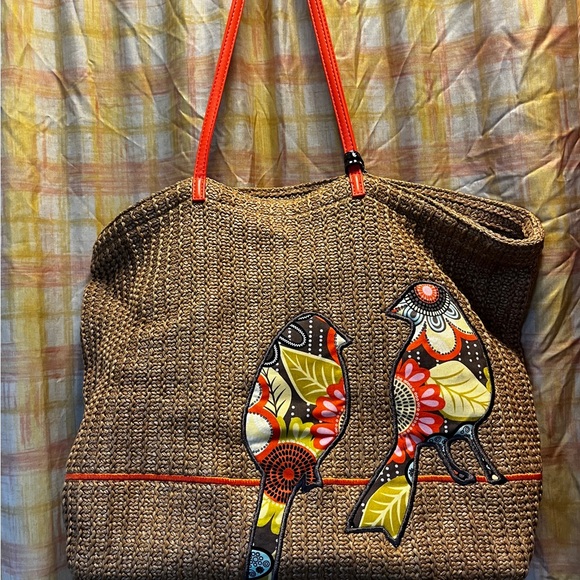 Vera Bradley Handbags - Vera Bradley Brown Woven Tote with Colorful Bird Design